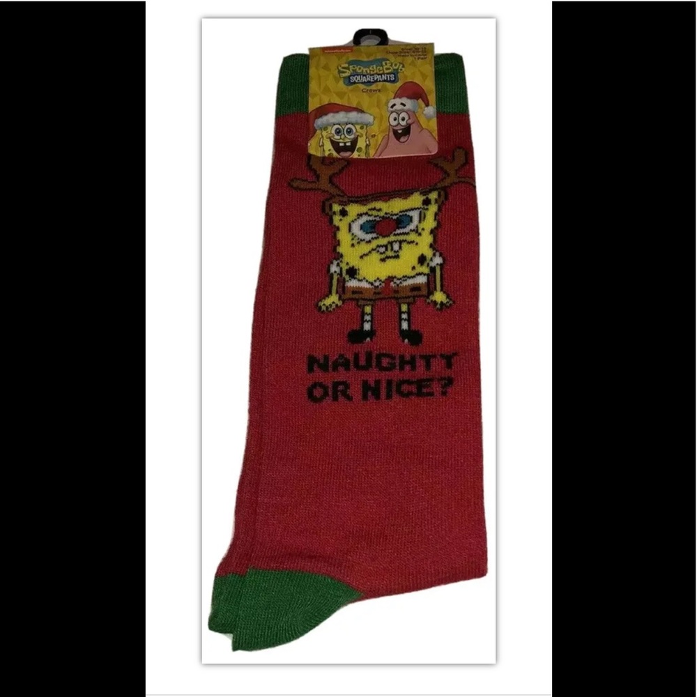 SpongeBob Crew Socks 1 Pair Men 6.5-12 Red Green Reindeer Holiday Christmas NEW!